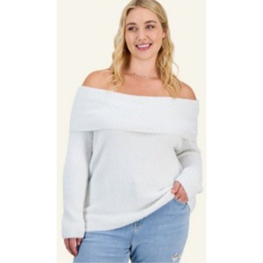 Pink Rose White Metallic Shimmer Eyelash Knit Off Shoulder Sweater XL NWT